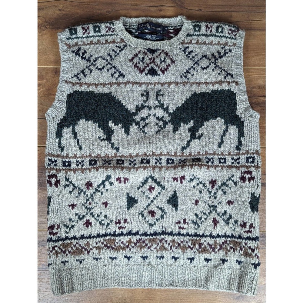 Vintage 80s Ralph Lauren Polo Wool Sweater Vest Nordic Deer Medium